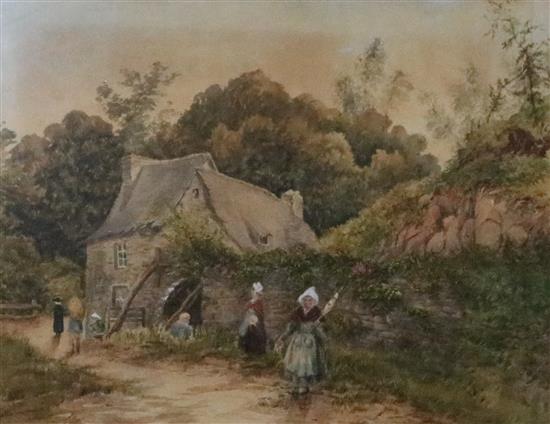 19th century Continental School, watercolour, Figures by a watermill